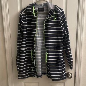 Brave Soul Navy & White Striped Hooded Raincoat with Lime Trim